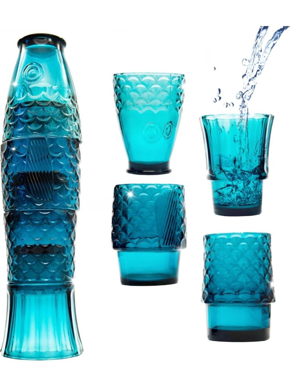 Handmade Stacking Koi Fish Glasses Set of 4 | Retro Blue Tumblers for Drinks